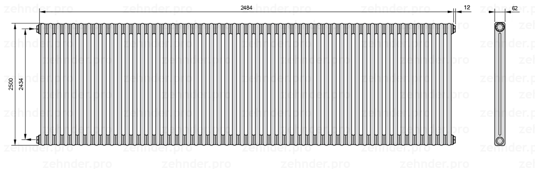 Схема (чертеж) Радиатор Zehnder Charleston 2250/54 №1270 Белый глянцевый RAL 9016
